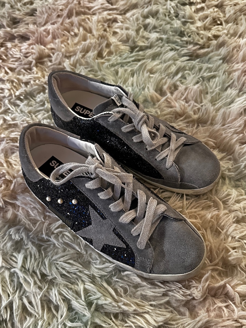 Golden Goose Grey Suede Glitter Pearl Accent Super Star Sneakers Size 37